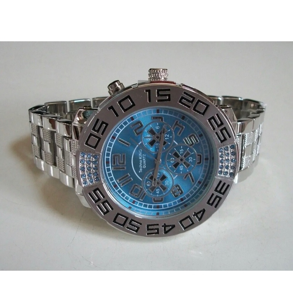 Men’s Techno King Silver Finish Blue Dial Fashion Hip Hop Watch